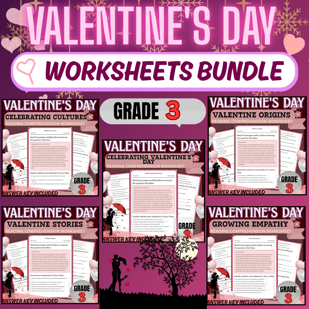 Grade 3 Valentine’s Day Bundle | Holiday & Friendship Worksheets(PDF+Answer Key) — bundle cover