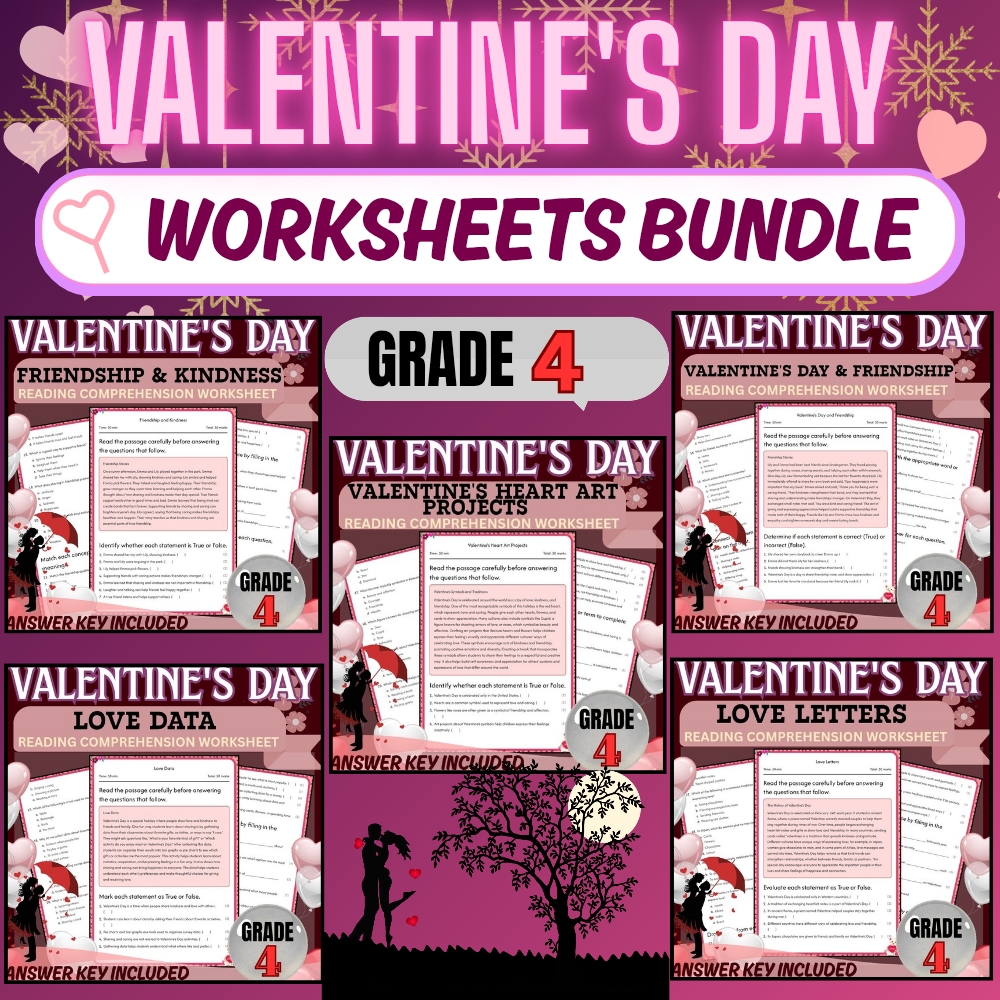 Grade 4 Holiday Unit Bundle | Valentine's Day & Friendship Worksheets — bundle cover