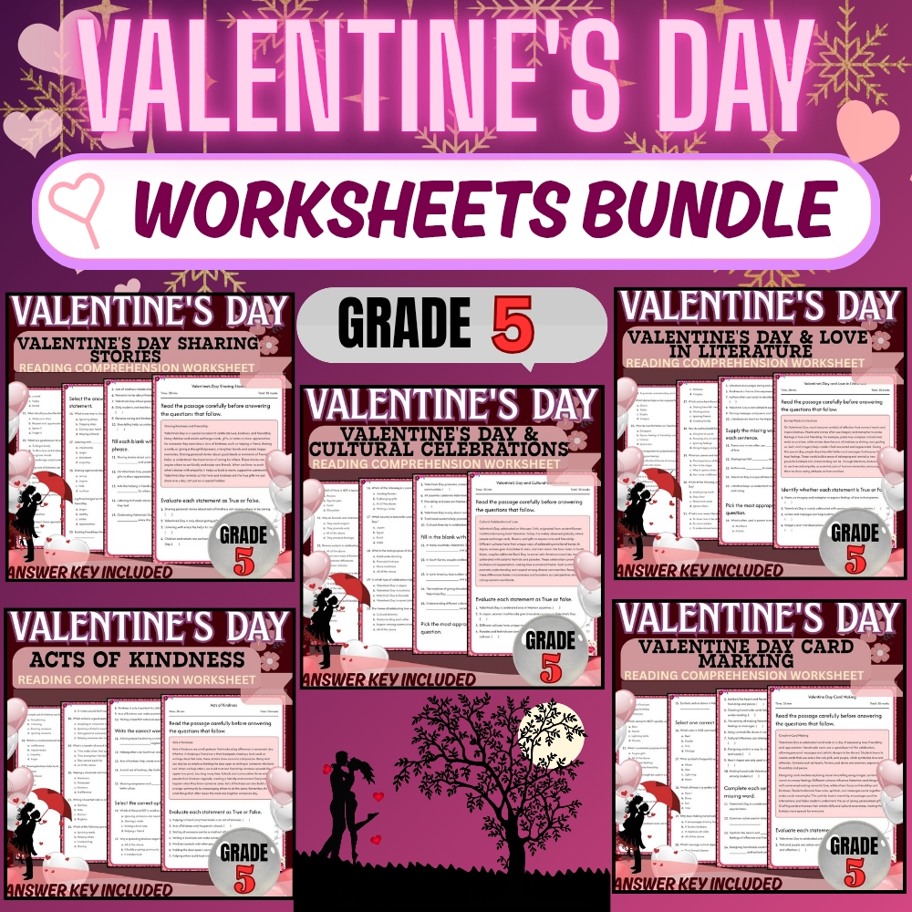 Grade 5 Holiday Valentine’s Day Unit | Celebrations & Literature Worksheets Pack — bundle cover