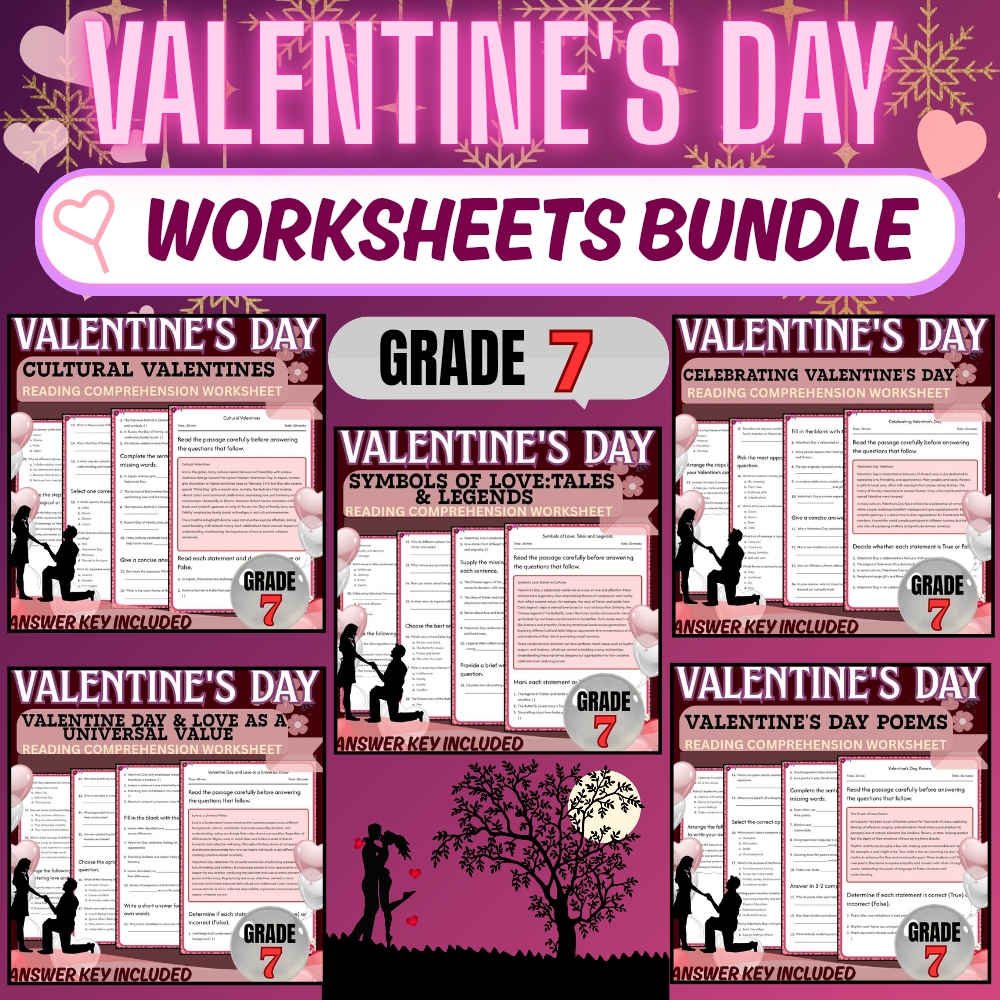 Grade 7 Holiday Valentine’s Day Worksheet Bundle | PDF + Answer key — bundle cover