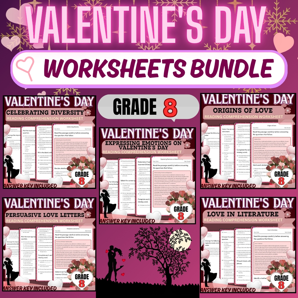 Grade 8 Holiday Unit | Valentine’s Day Worksheets  (Answer Keys Included) — bundle cover