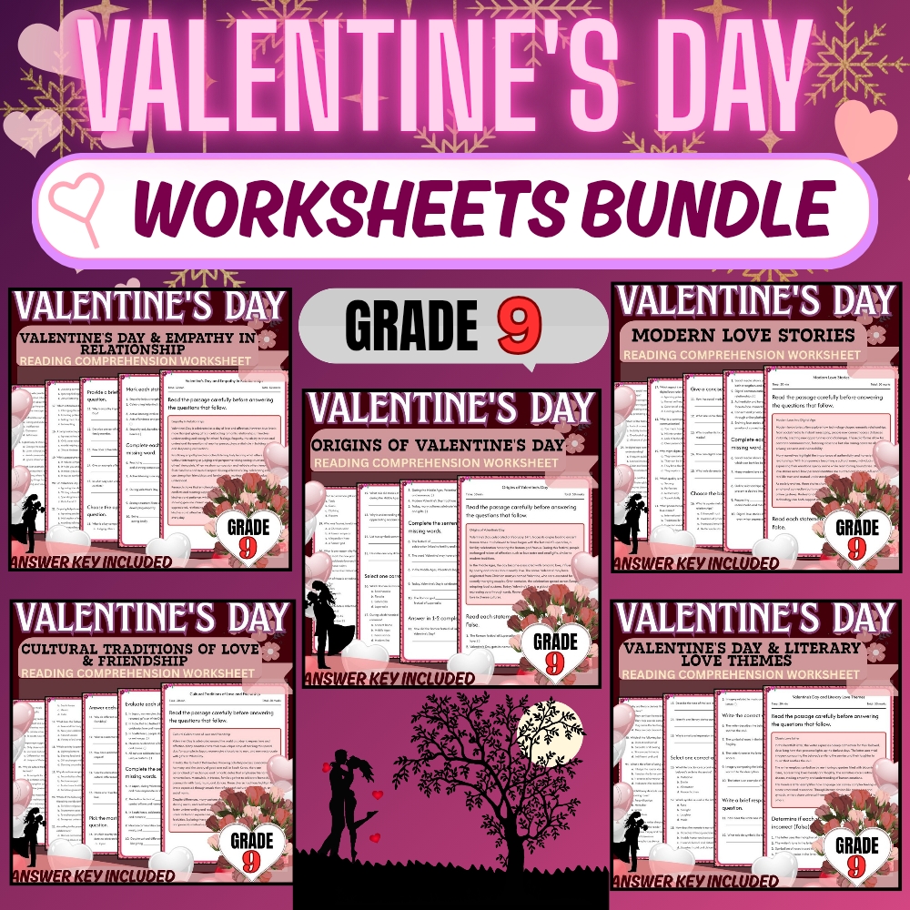 Grade 9 Holiday Unit | Valentine’s Day Worksheets  (Answer Keys Included) — bundle cover