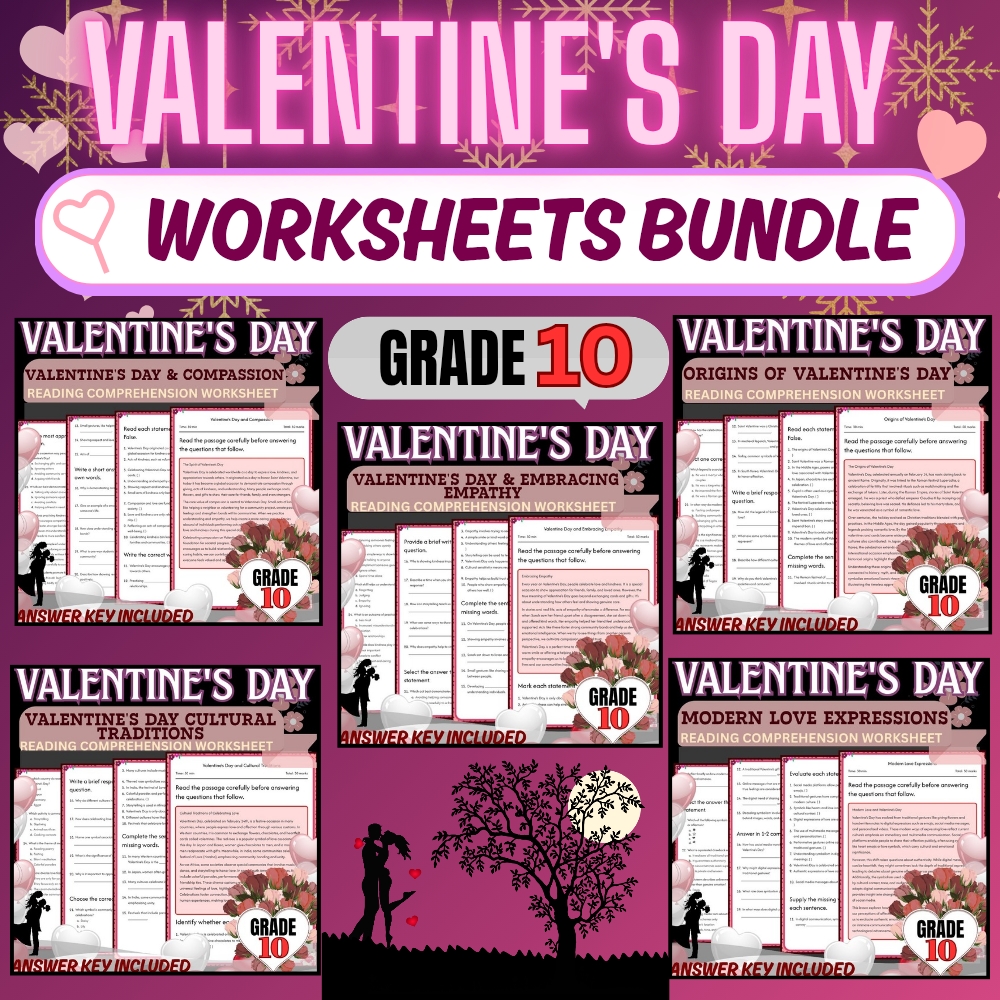Grade 10 Holiday Unit | Valentine’s Day Worksheets  (Answer Keys Included) — bundle cover