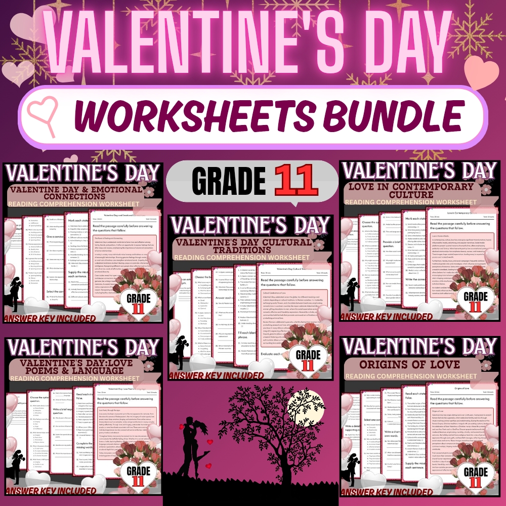 Grade 11 Holiday Unit | Valentine’s Day Worksheets  (Answer Keys Included) — bundle cover