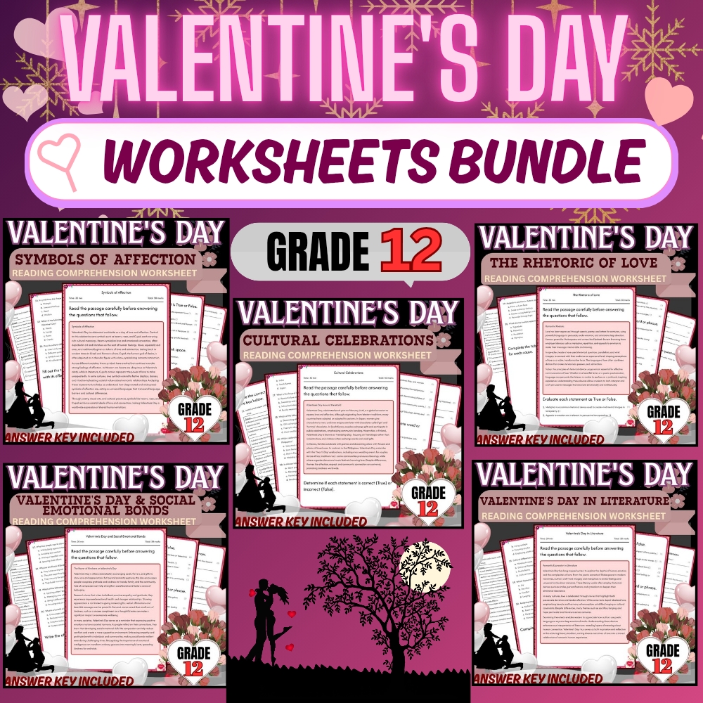 Grade 12 Holiday Unit | Valentine’s Day Worksheet Collection (PDF + Answer Key) — bundle cover