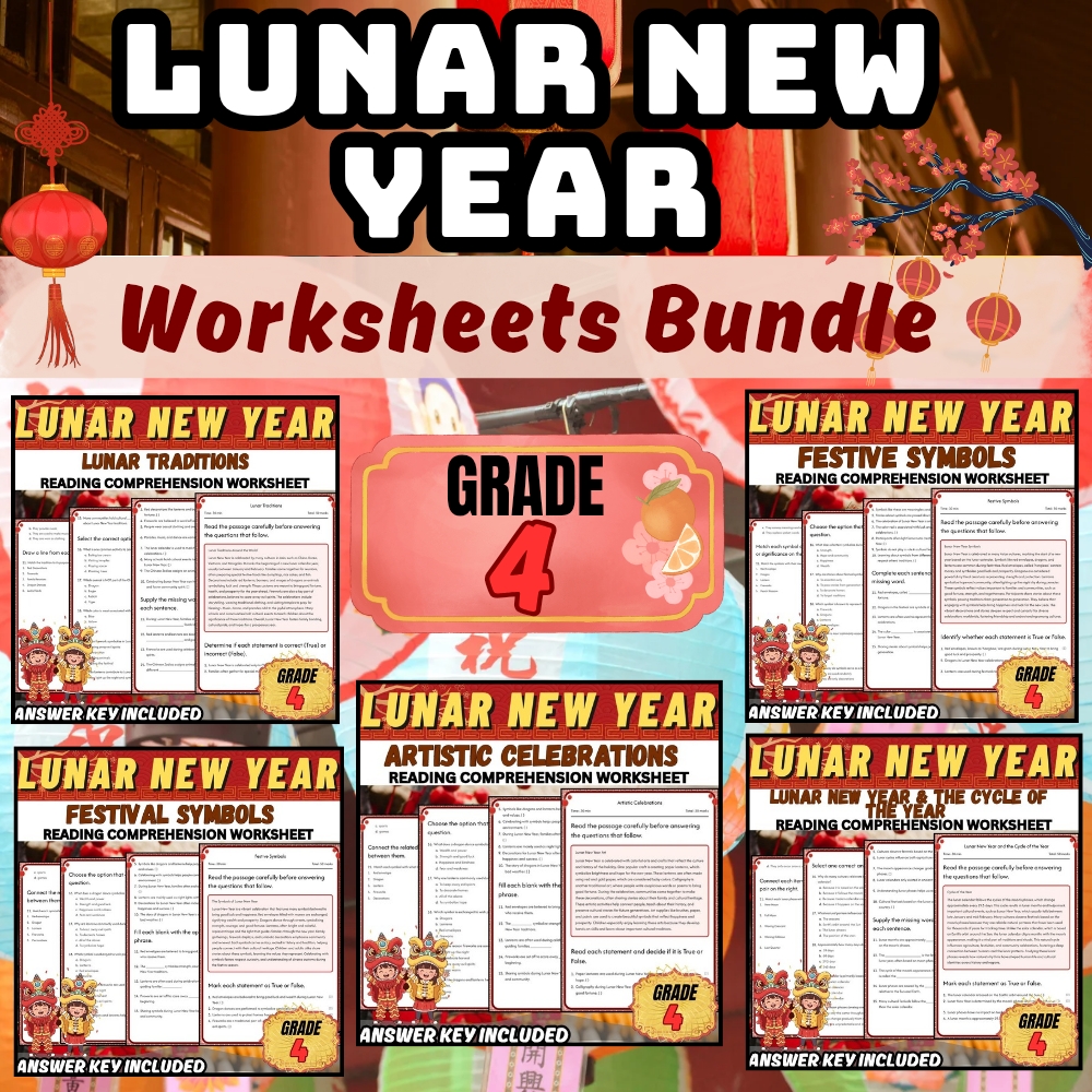 Grade 4 | Lunar New Year Symbols, Traditions & Art Activities Worksheet Pack — bundle cover