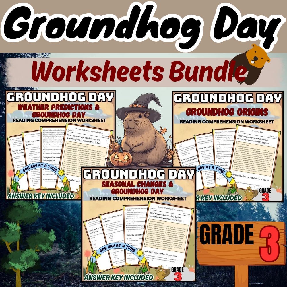 Grade 3 Holiday Groundhog Day Worksheets Bundle | Weather & Seasonal Changes — bundle cover