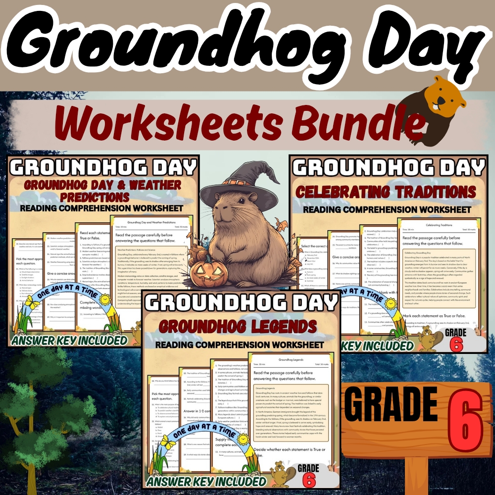 Grade 6 | Groundhog Day Worksheet Bundle for February Lessons (PDF + Answer Key) — bundle cover