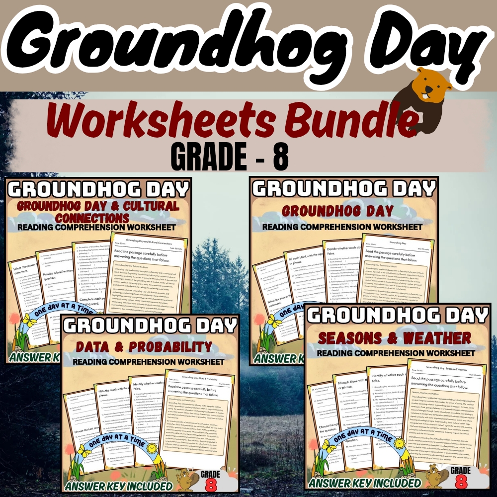 Grade 8 Holiday Groundhog Day Worksheet Bundle |February Themed[PDF+Answer Key] — bundle cover