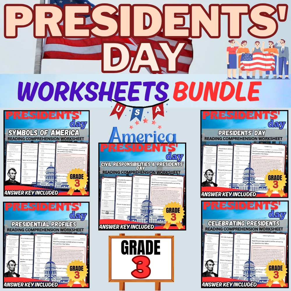 Grade 3 Presidents' Day Bundle Holiday & U.S. History Worksheets for Classrooms — bundle cover