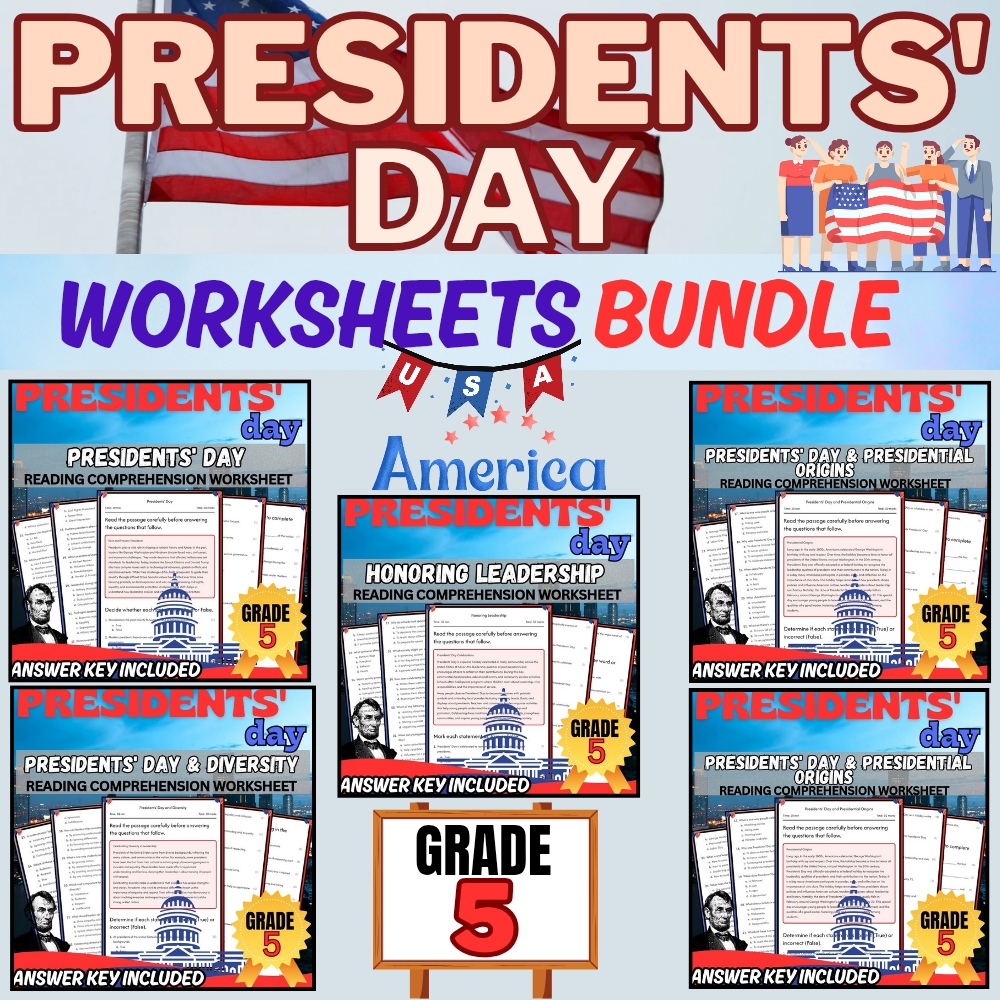 Grade 5 Presidents' Day Unit Bundle | Holiday & Civic Leadership Worksheets — bundle cover