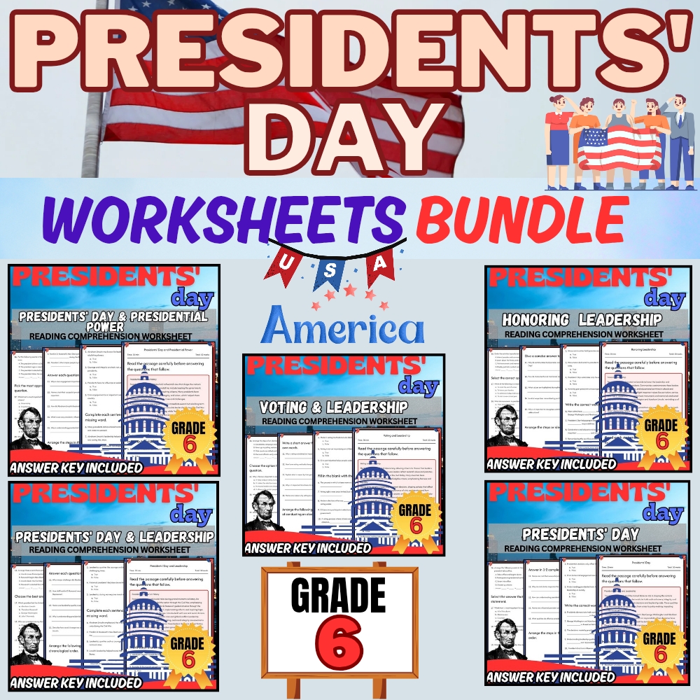Grade 6 Presidents' Day Unit | Holiday History & Civic Traits Worksheet Bundle — bundle cover