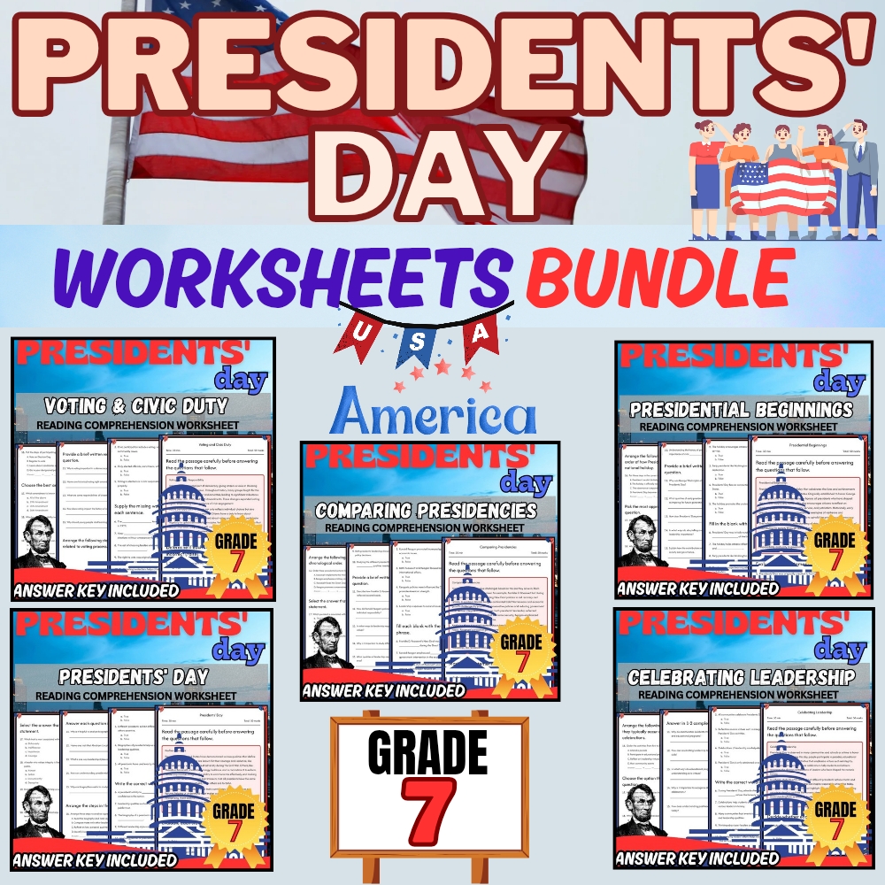 Grade 7 Presidents' Day Unit Bundle| Holiday Lesson Worksheets for Middle School — bundle cover