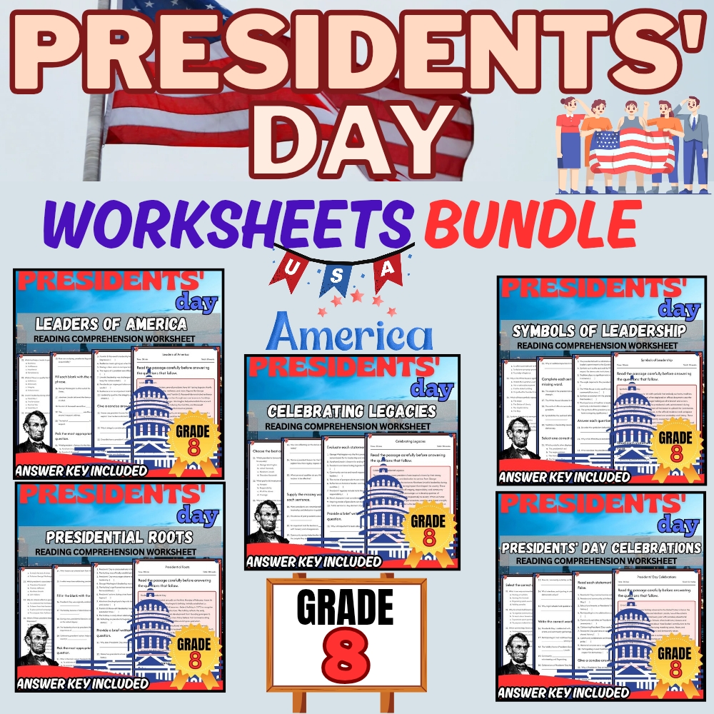 Grade 8 Presidents' Day Bundle|Leadership & Legacy Worksheets (PDF + Answer Key) — bundle cover