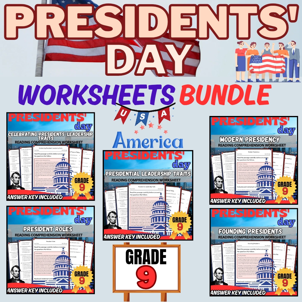 Grade 9 Presidents' Day Unit Worksheet Bundle | Leadership & Roles Focus — bundle cover