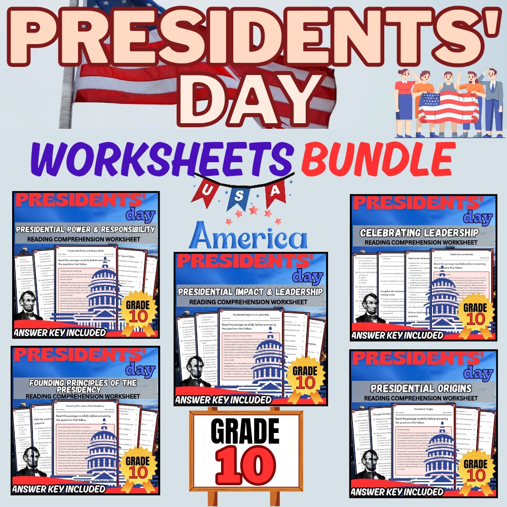 Grade 10 Presidents' Day Unit Bundle|Leadership & Founding Principles Worksheets — bundle cover