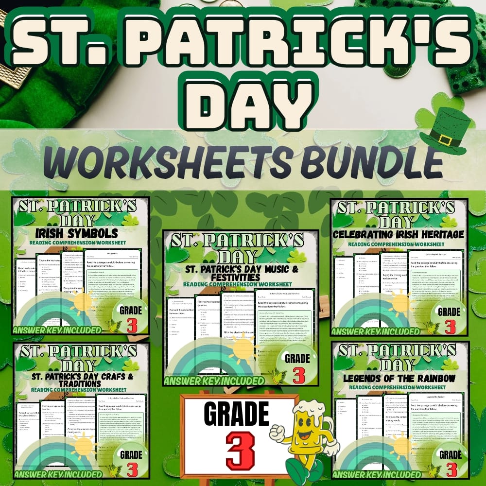 Grade 3 St. Patrick's Day Holiday Worksheets Bundle | March Celebrations — bundle cover