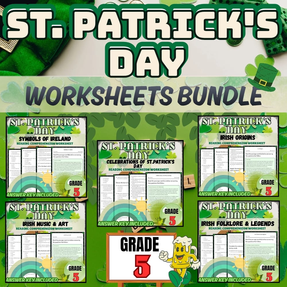 Grade 5 St. Patrick's Day Holiday Worksheets Bundle | March Custom Activities — bundle cover