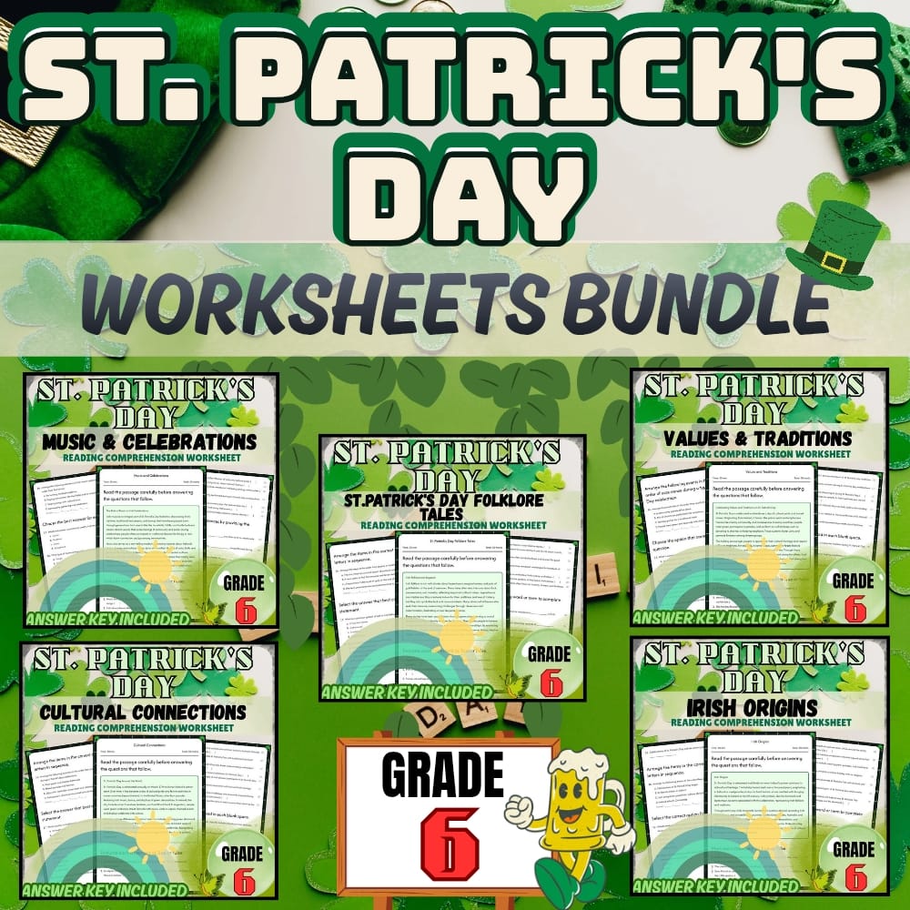 Grade 6 Holiday Worksheets Bundle | St. Patrick's Day Cultural & Traditions — bundle cover