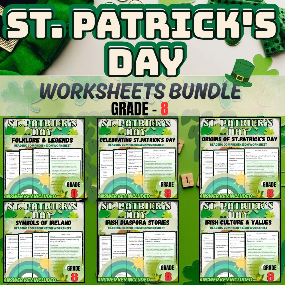 Grade 8 Holiday Worksheets Bundle | St. Patrick's Day Irish Culture & Folklore — bundle cover