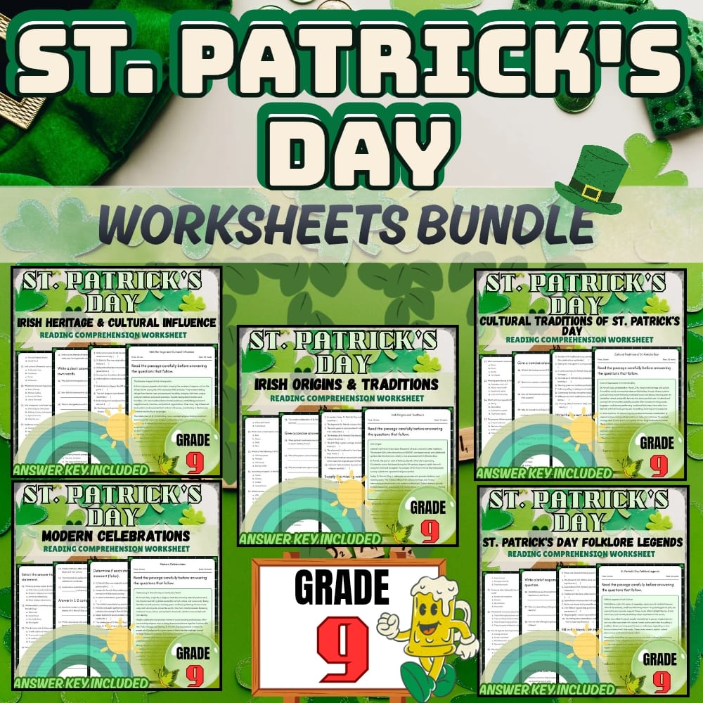Grade 9 Worksheets Bundle | St. Patrick's Day Cultural & Folklore Activities — bundle cover
