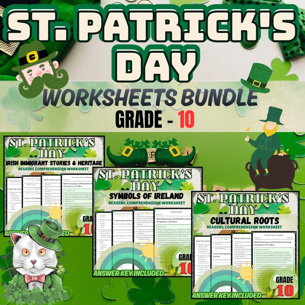Grade 10 Holiday Worksheets Bundle | St. Patrick's Day Irish Heritage & Symbols — bundle cover