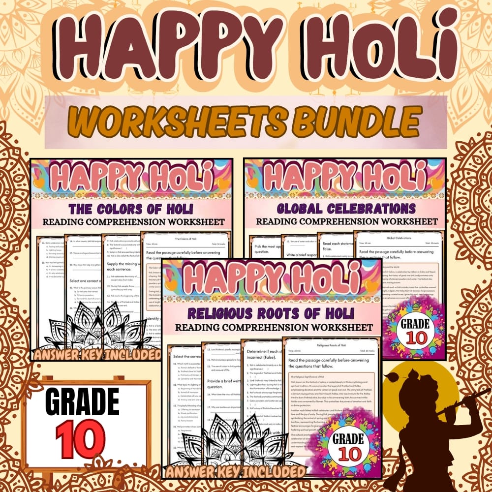 Grade 10 Holiday Worksheets: Holi Day Celebrations & Cultural Roots — bundle cover