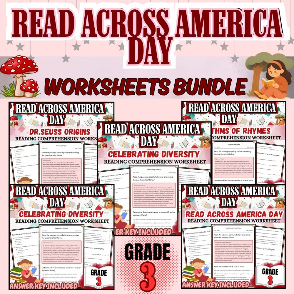 Grade 3 Holiday Read Across America Day Worksheets Bundle |Diversity and Rhyming — bundle cover