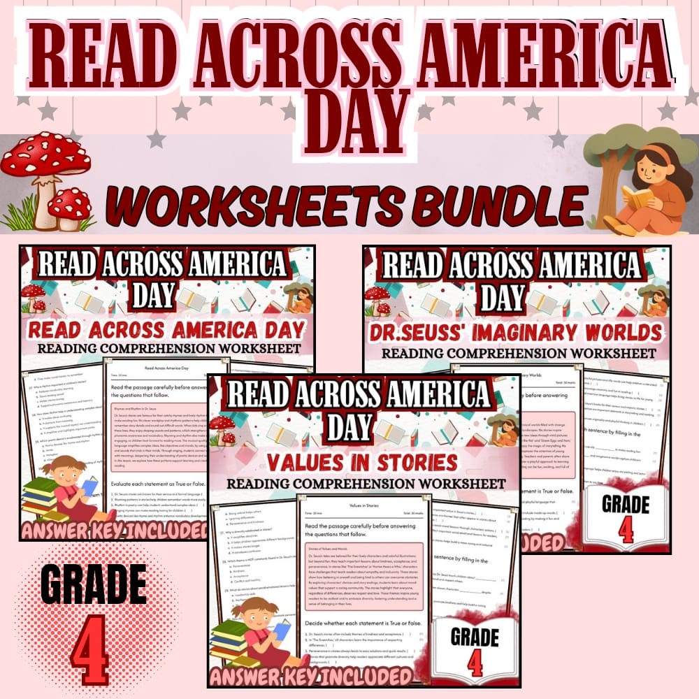 Grade 4 Holiday Read Across America Day Worksheets | Reading Skills & Values — bundle cover