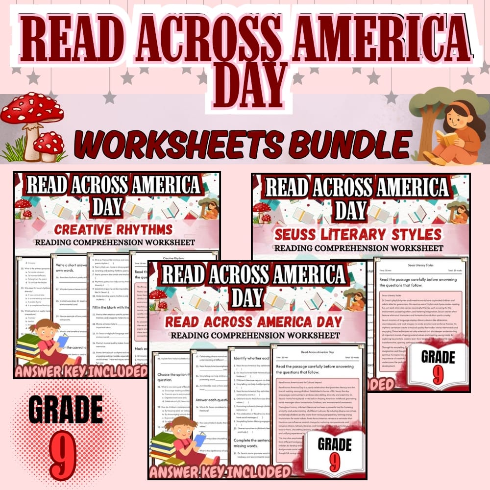 Grade 9 Holiday Reading Worksheets Bundle for Read Across America Day — bundle cover