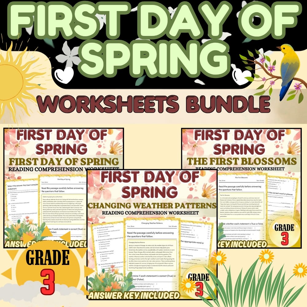 Grade 3 Holiday Worksheets Bundle for Spring Celebrations & Weather Patterns — bundle cover