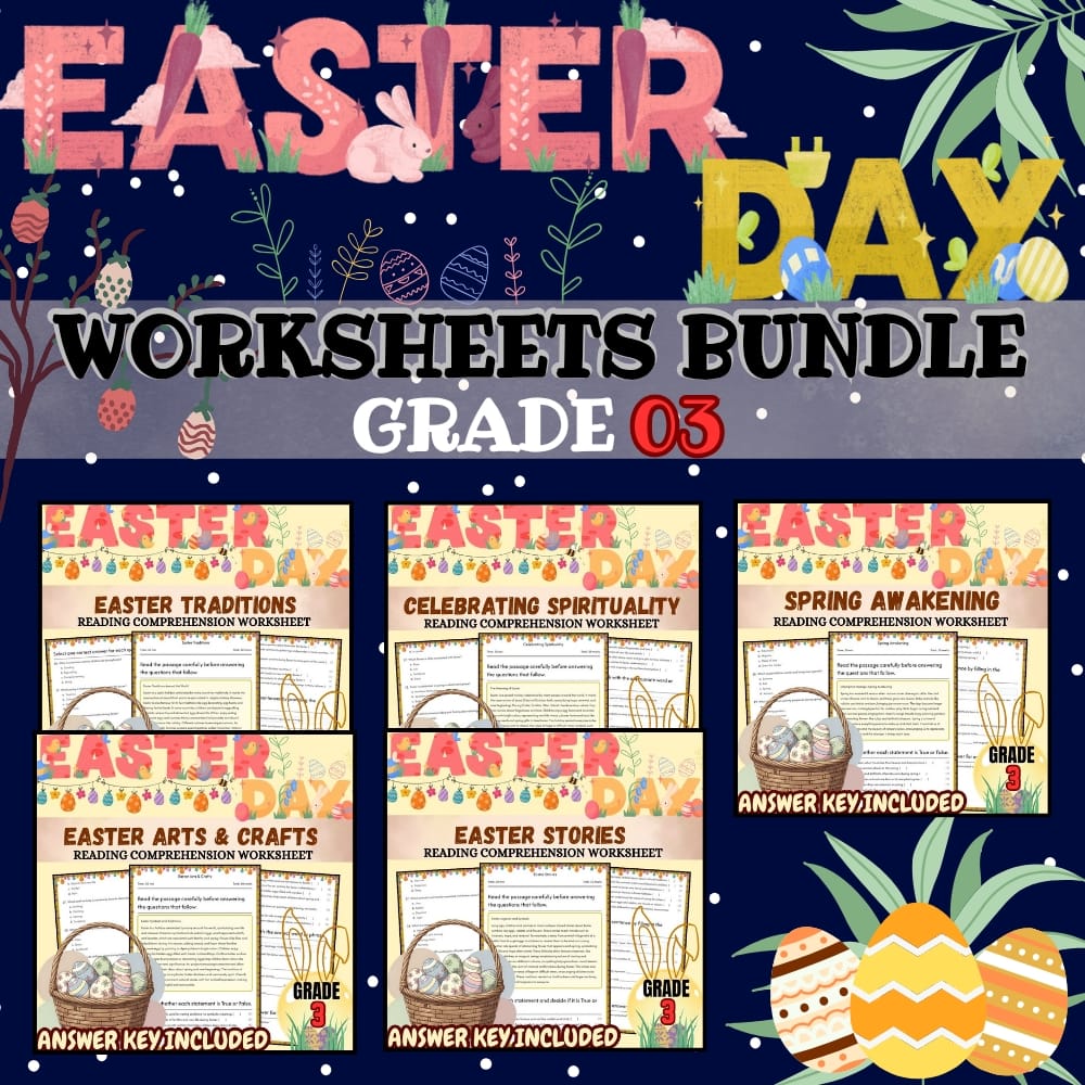 Grade 3 Easter Holiday Custom Bundle | Common Core ELA (5 Worksheets) — bundle cover