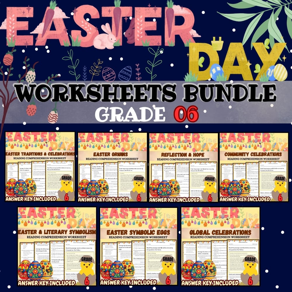 Grade 6 Easter Holiday Custom Bundle CCSS ELA Worksheets Practice — bundle cover