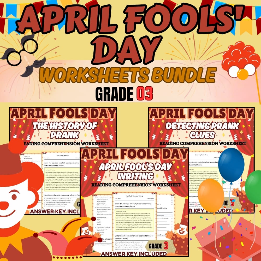 Grade 3 April Fools' Day Holiday Lesson Bundle for Common Core ELA — bundle cover