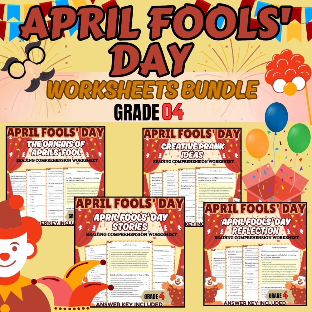 Grade 4 April Fools' Day Holiday Lesson Bundle for CCSS ELA Standards — bundle cover