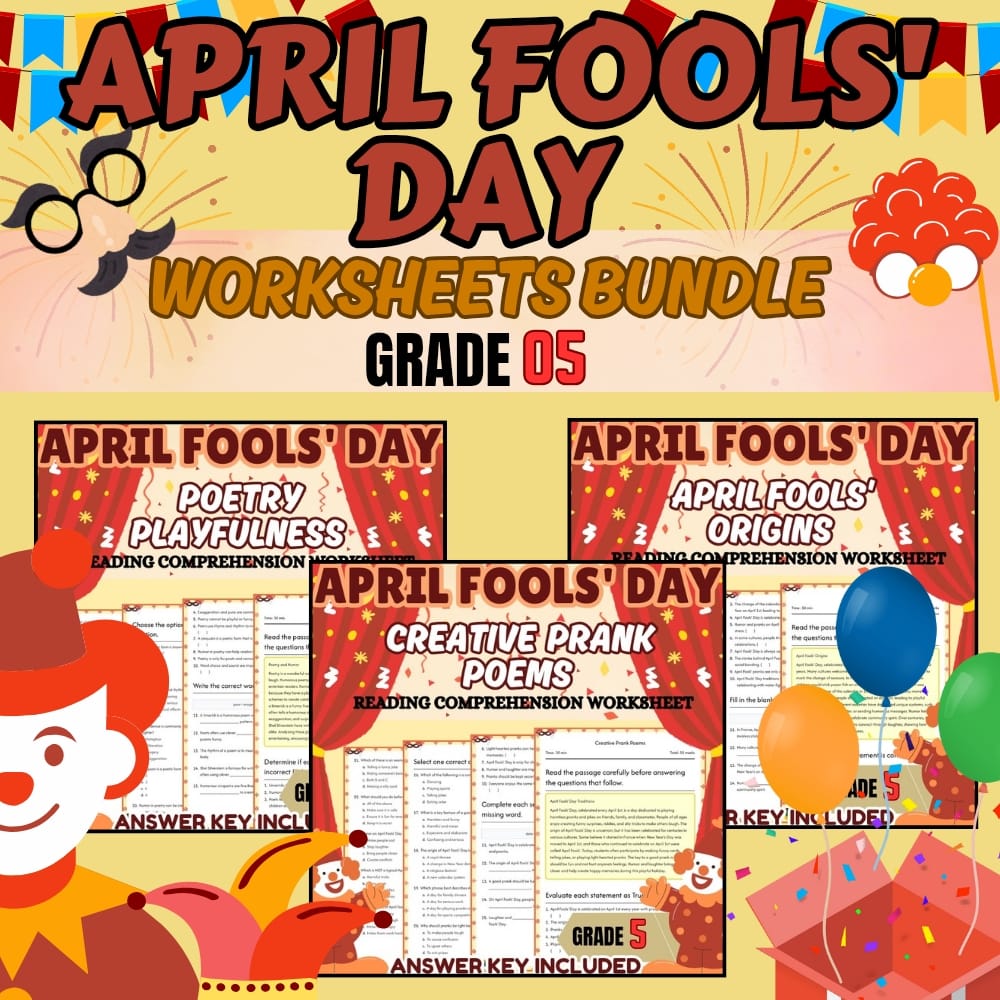 Grade 5 April Fools' Poetry Month Kickoff Holiday Lesson Bundle (CCSS ELA) — bundle cover