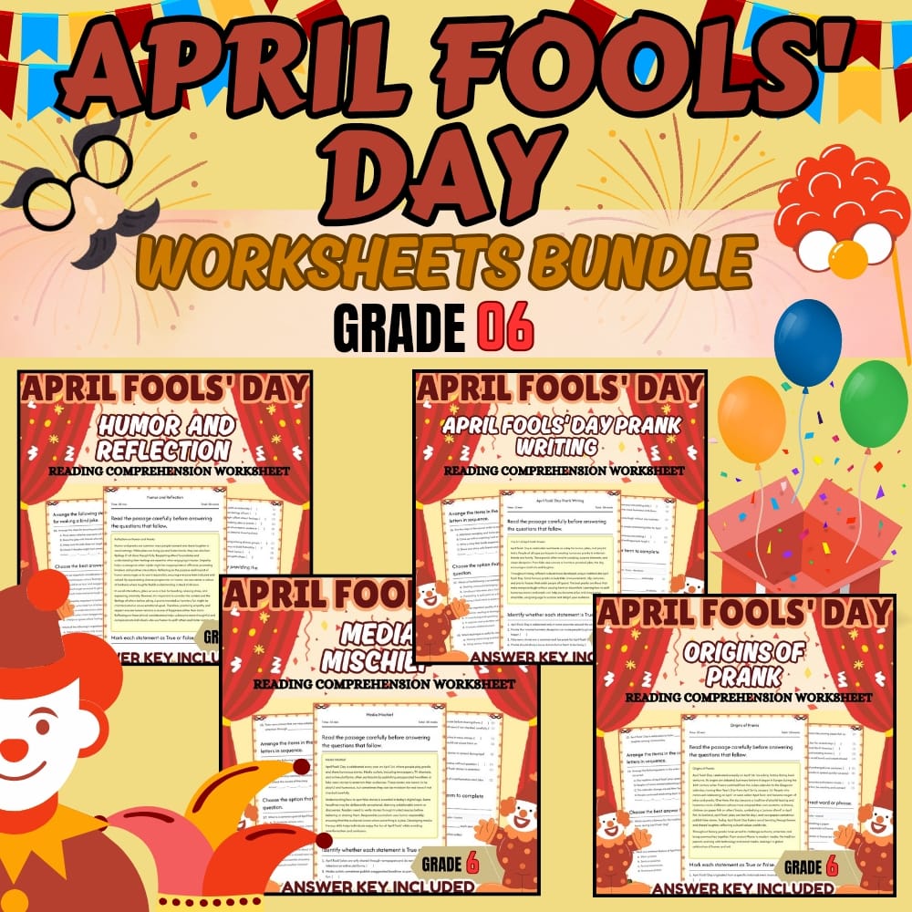 Grade 6 April Fools' Day Holiday Lesson Bundle for Common Core ELA Practices — bundle cover