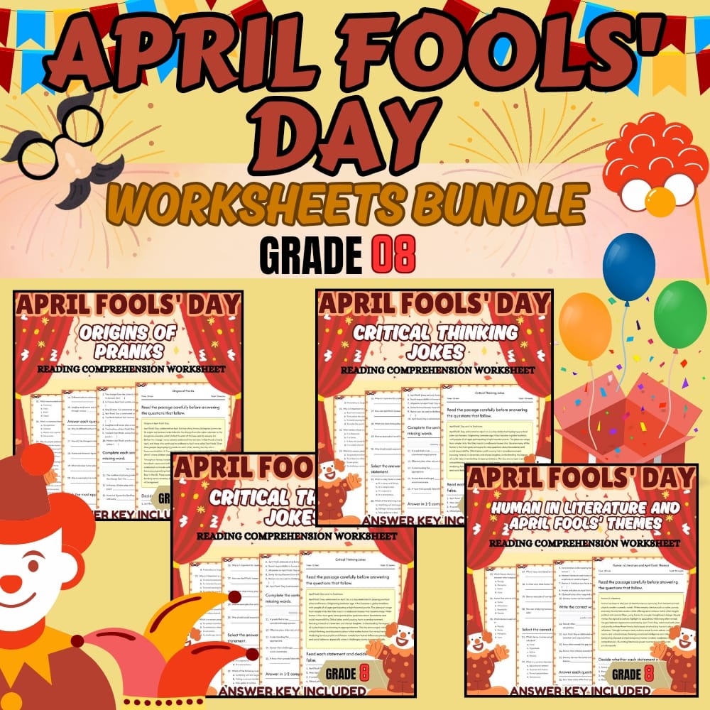 Grade 8 April Fools Day Holiday Custom Bundle: CCSS ELA Pranks — bundle cover