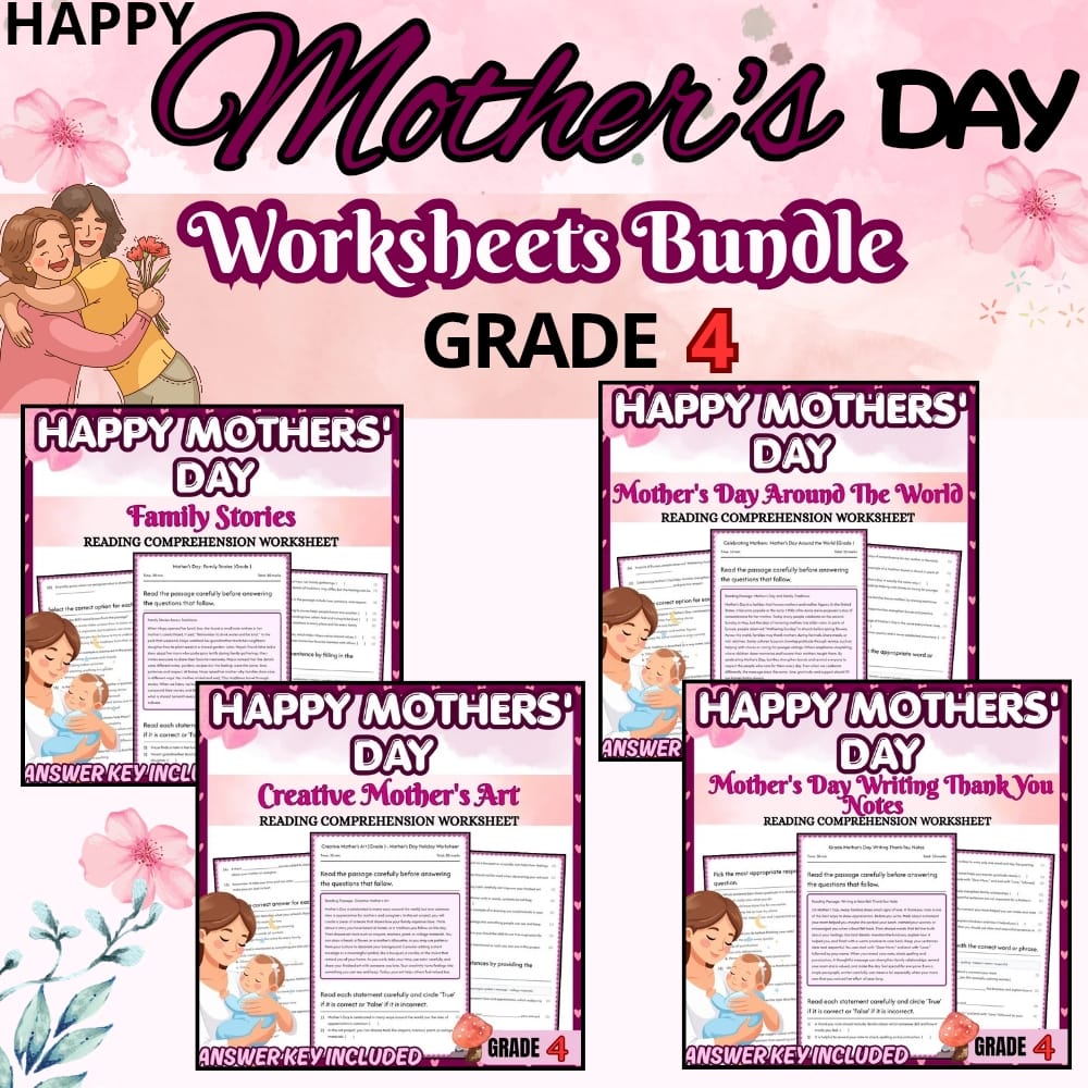 Grade 4 Mother's Day Holiday Worksheet Lesson Bundle | Common Core Standards — bundle cover