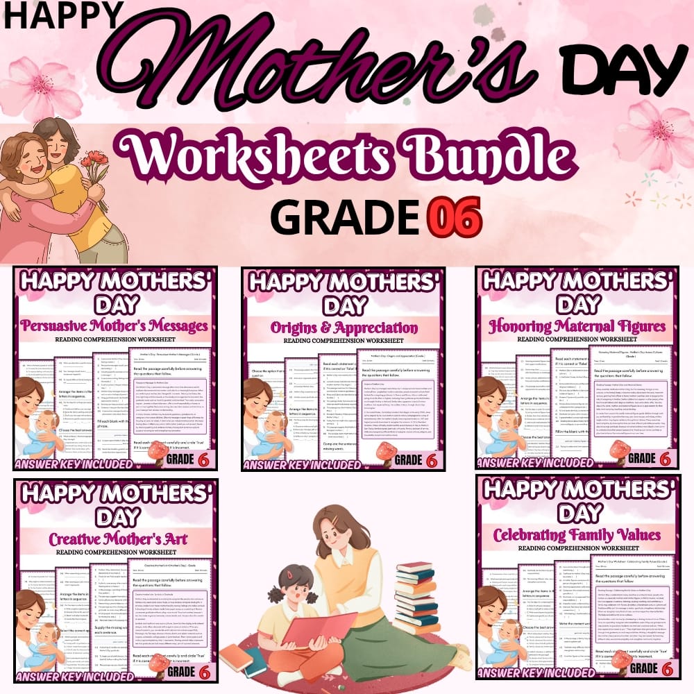 Grade 6 Mother's Day Holiday Custom Bundle (CCSS) Worksheet Set — bundle cover