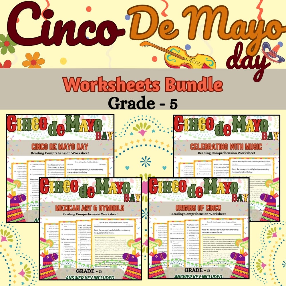 Grade 5 Cinco de Mayo Holiday Custom Bundle Worksheet Set | 5E Model — bundle cover