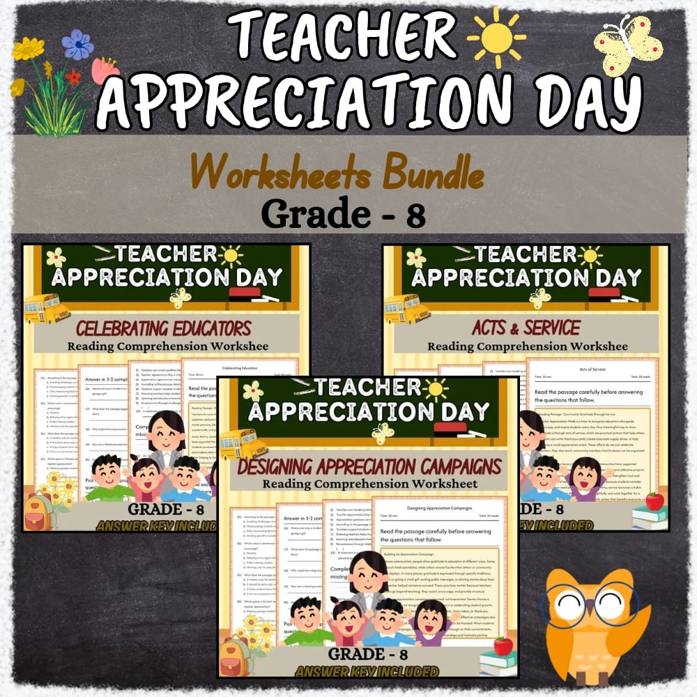 Grade 8 Teacher Appreciation Holiday Worksheet Mini-Unit Bundle | SEL — bundle cover