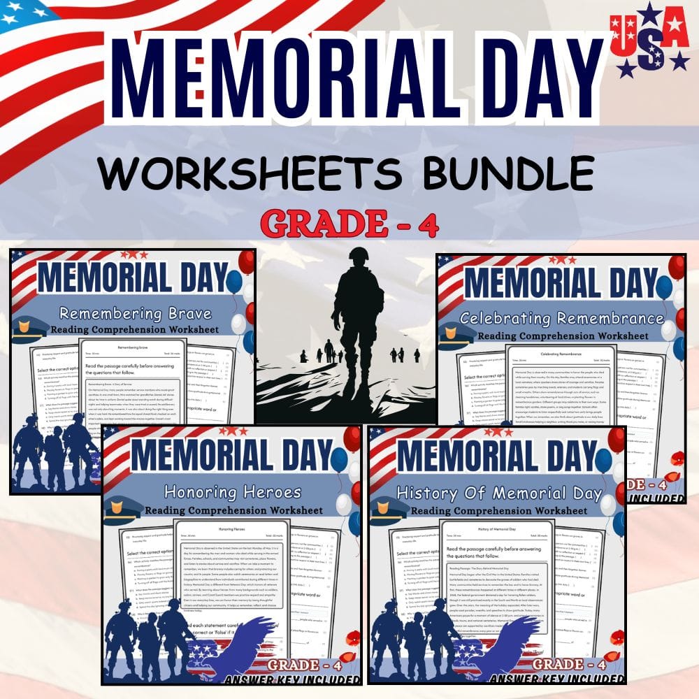 Grade 4 Memorial Day Holiday Lesson Bundle with Worksheets | Common Core — bundle cover
