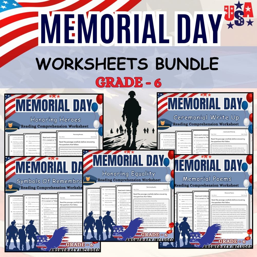 Grade 6 Holiday Memorial Day ELA Custom Bundle CCSS ELA Worksheets — bundle cover