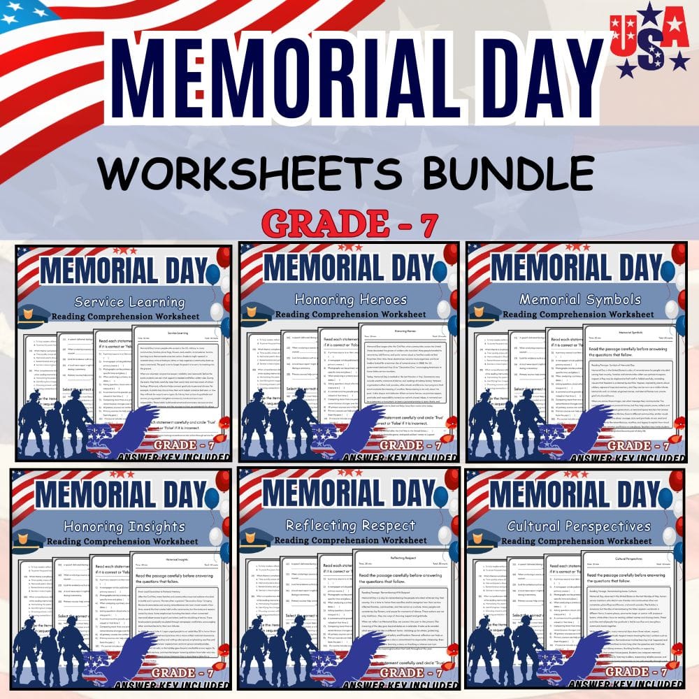 Grade 7 Memorial Day Holiday Custom Bundle: C3 Framework Worksheets — bundle cover