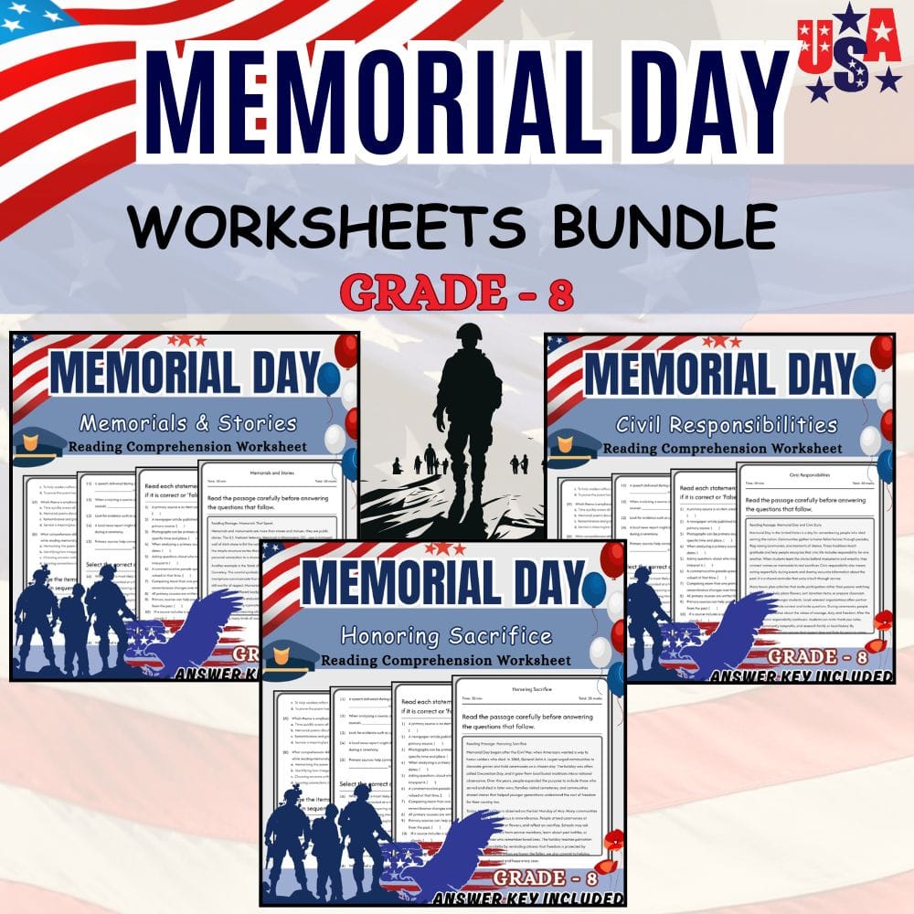 Grade 8 Holiday Memorial Day Civics Lesson Bundle (CCSS ELA Worksheets) — bundle cover