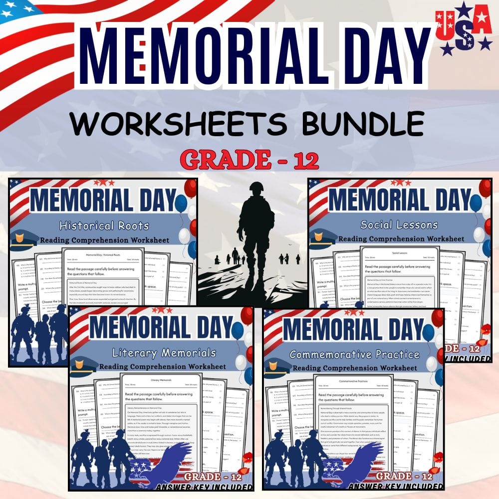 Grade 12 Holiday Memorical Day Worksheets: Lesson Bundle (Common Core) — bundle cover