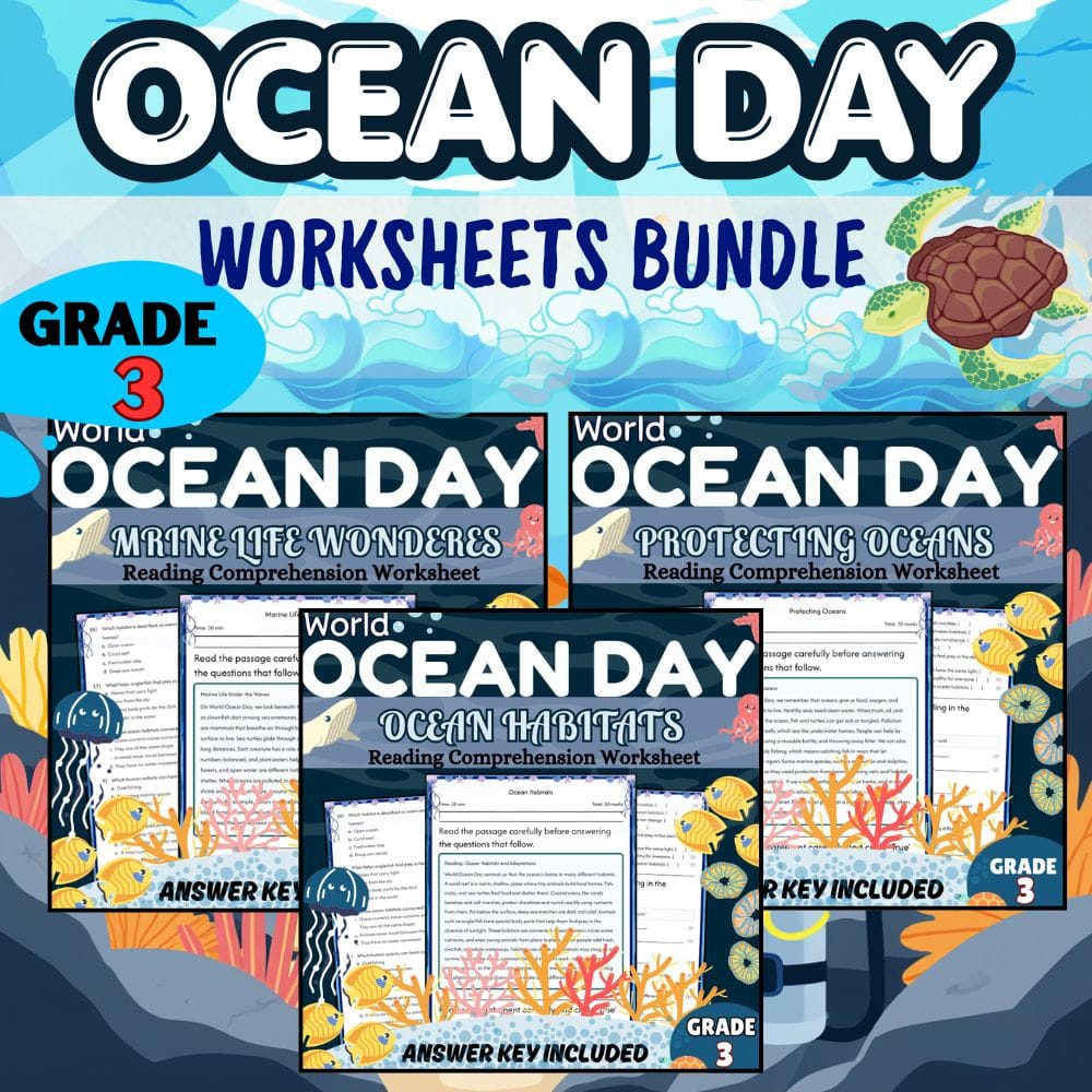 Grade 3 World Ocean Day Holiday Worksheet Pack Lesson Bundle NGSS — bundle cover