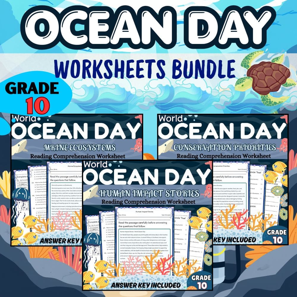 Grade 10 World Ocean Day Holiday Custom Bundle NGSS Worksheet Set — bundle cover