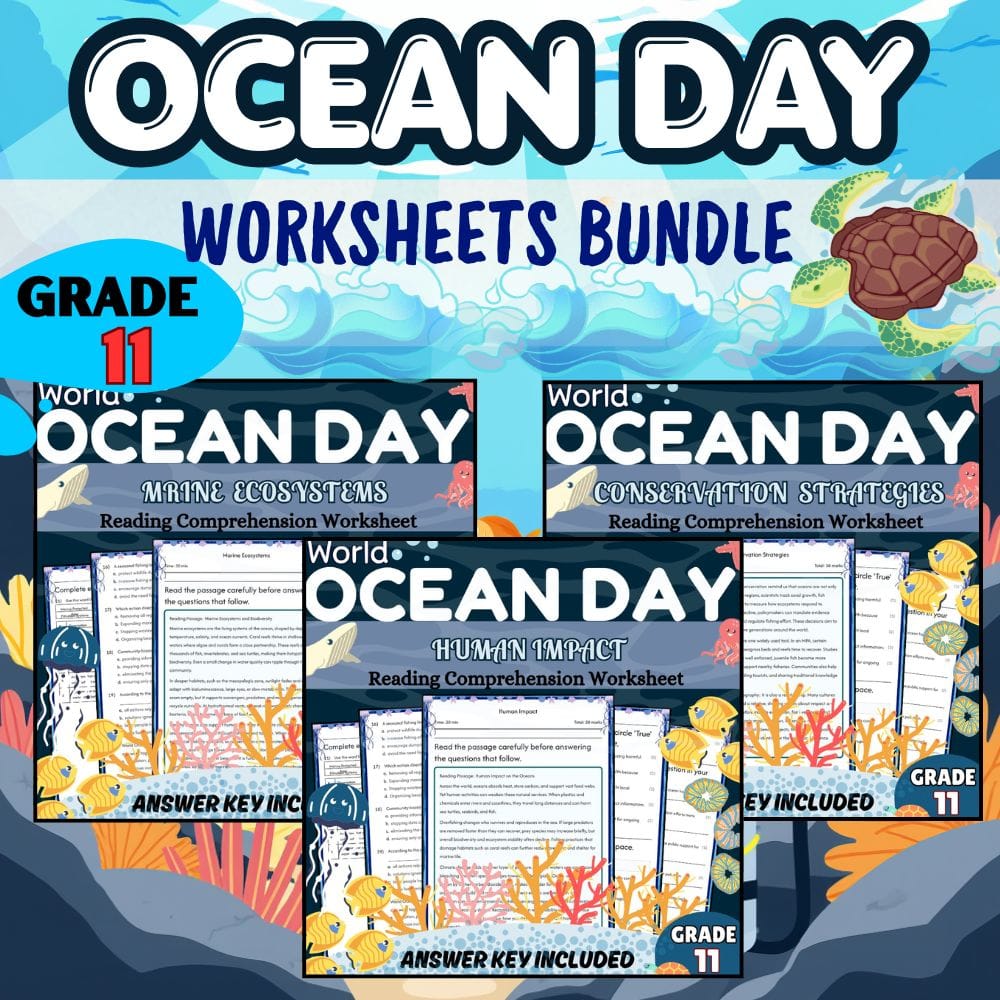 Grade 11 World Ocean Day Holiday Lesson Bundle | NGSS Worksheets Resource — bundle cover